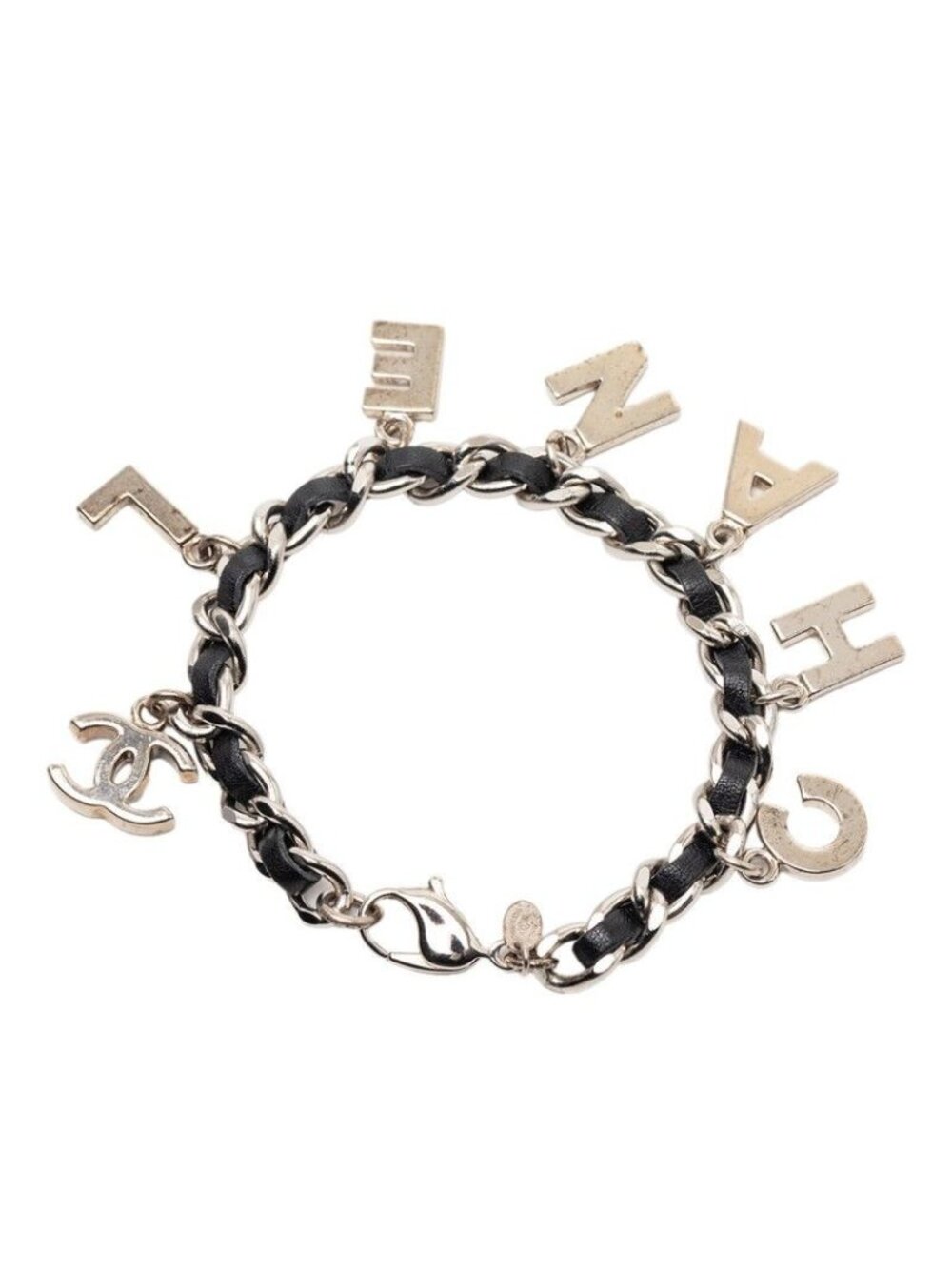Chanel CC Logo Bracelet Silver Black Metal Leather - Picture 3 of 5